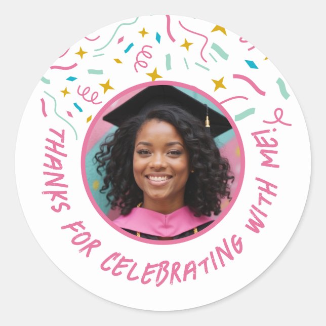 Adesivo Redondo Personalizar Nome de Foto Confetti Graduação Obrig (Frente)