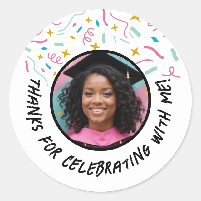 Adesivo Redondo Personalizar Nome de Foto Confetti Graduação Obrig (Frente)