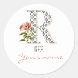 Adesivo Redondo Personalizar R Nome Floral Flor Letra R Vintage