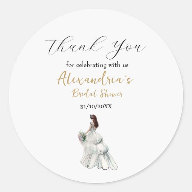 Adesivo Redondo Personalize o vestido de chá de noiva Obrigado (Frente)