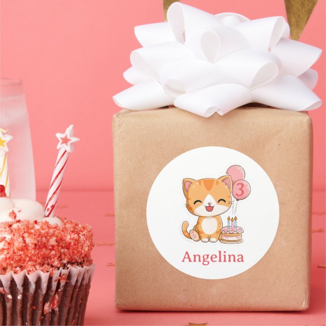 Adesivo Redondo Personalized 3rd Birthday, Ginger Kitten,   (Festa)