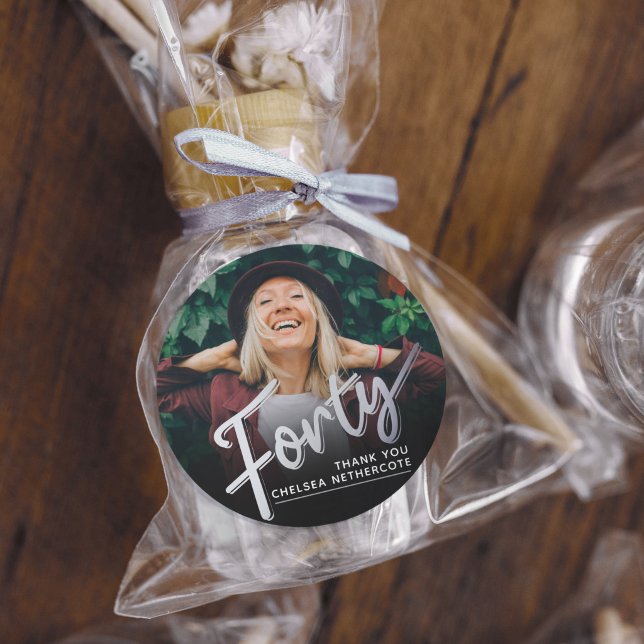 Adesivo Redondo Personalized 40th Birthday Photo Forty Silver (Criador carregado)