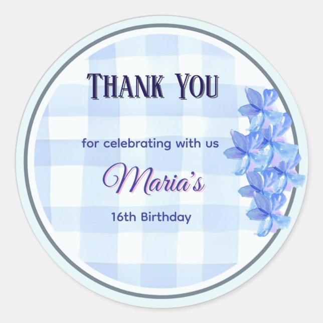 Adesivo Redondo Personalized Blue Floral Thank You Sticker | Bday (Frente)