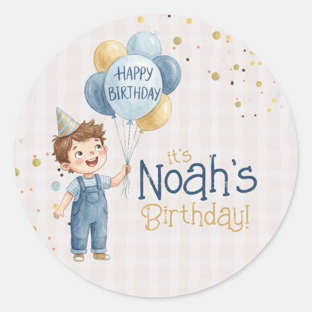 Adesivo Redondo Personalized Boy Birthday Party Sticker (Frente)