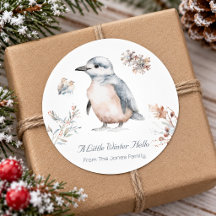 Personalized Cute Watercolor Penguin Winter Hello 