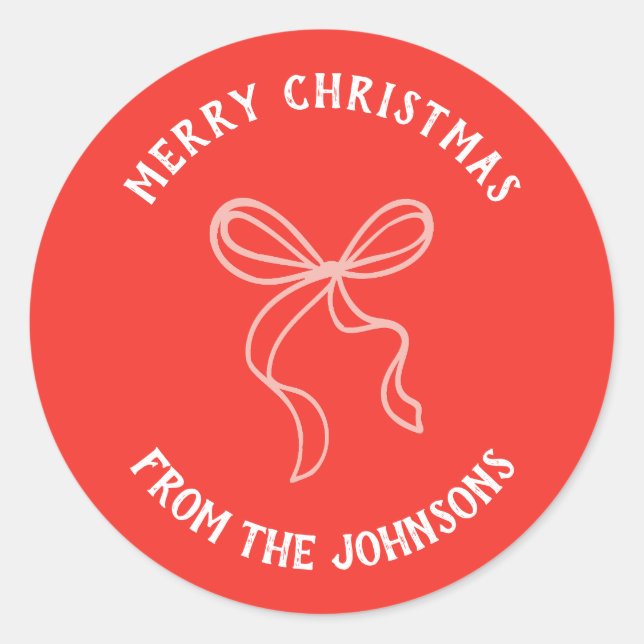 Adesivo Redondo Personalized Family Name Merry Christmas Bow (Frente)
