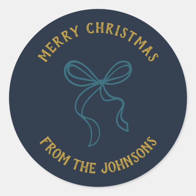 Adesivo Redondo Personalized Family Name Merry Christmas Bow (Frente)