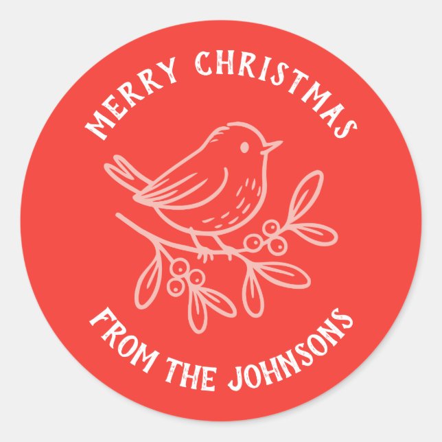 Adesivo Redondo Personalized Family Name Merry Christmas Robin (Frente)