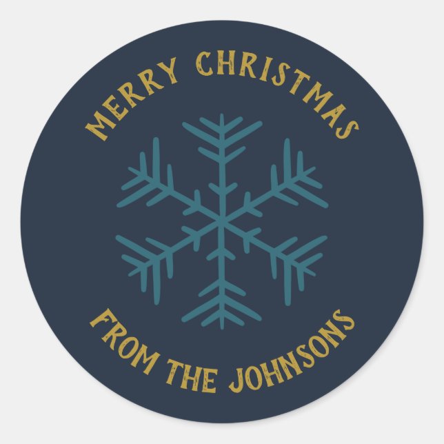 Adesivo Redondo Personalized Family Name Merry Christmas Snowflake (Frente)
