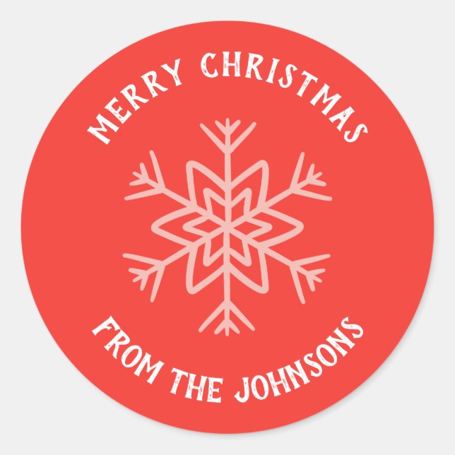 Adesivo Redondo Personalized Family Name Merry Christmas Snowflake (Frente)
