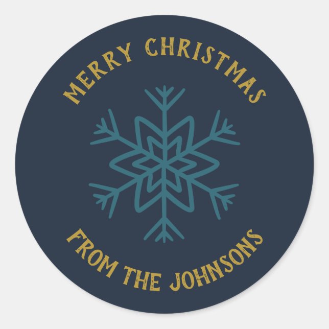Adesivo Redondo Personalized Family Name Merry Christmas Snowflake (Frente)