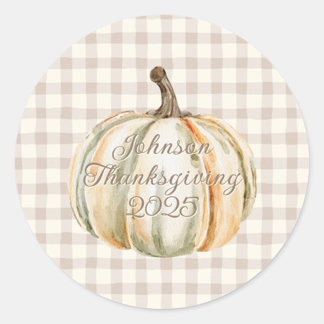 Adesivo Redondo Personalized Family Thanksgiving Neutral Gingham  (Frente)