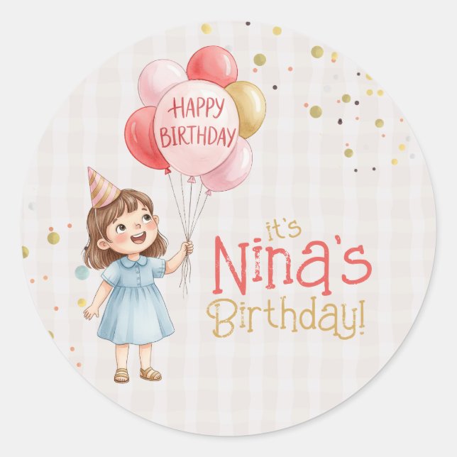 Adesivo Redondo Personalized Girl Birthday Party Sticker (Frente)