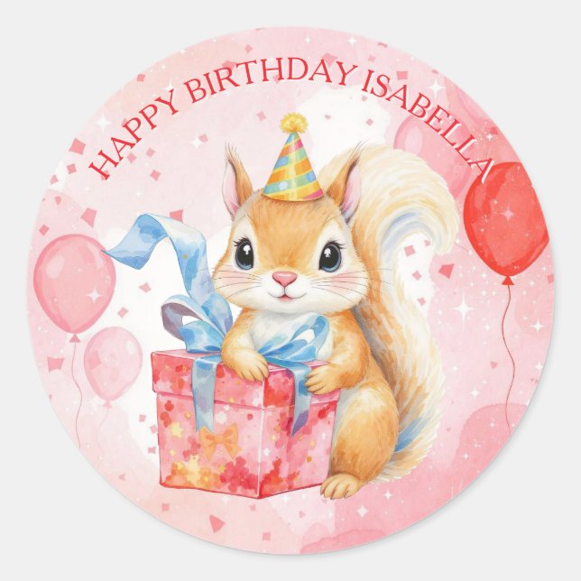 Adesivo Redondo Personalized Happy Birthday Girl's Squirrel  (Frente)