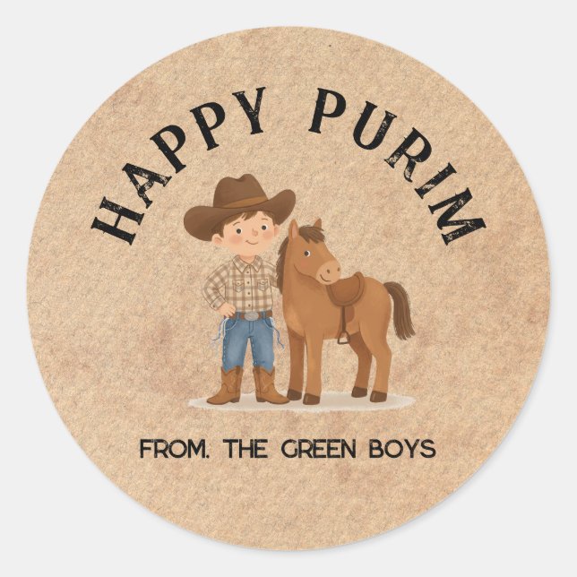 Adesivo Redondo Personalized Happy Purim Round Sticker - Cowboy (Frente)