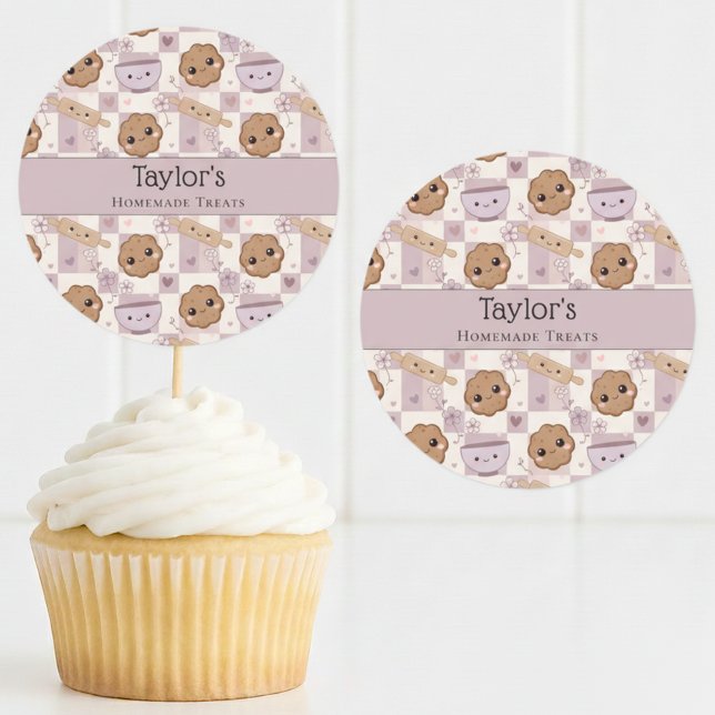 Adesivo Redondo Personalized Kawaii Cookie Gingham Cupcake Topper  (Criador carregado)