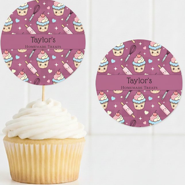 Adesivo Redondo Personalized Kawaii Pink Purple Cupcake Topper  (Criador carregado)