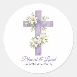 Adesivo Redondo Personalized Lavender Floral Cross Blessed & Loved
