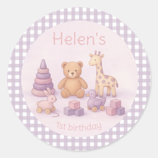 Adesivo Redondo Personalized Lavender Gingham 1st Birthday  (Frente)