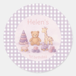 Adesivo Redondo Personalized Lavender Gingham 1st Birthday 