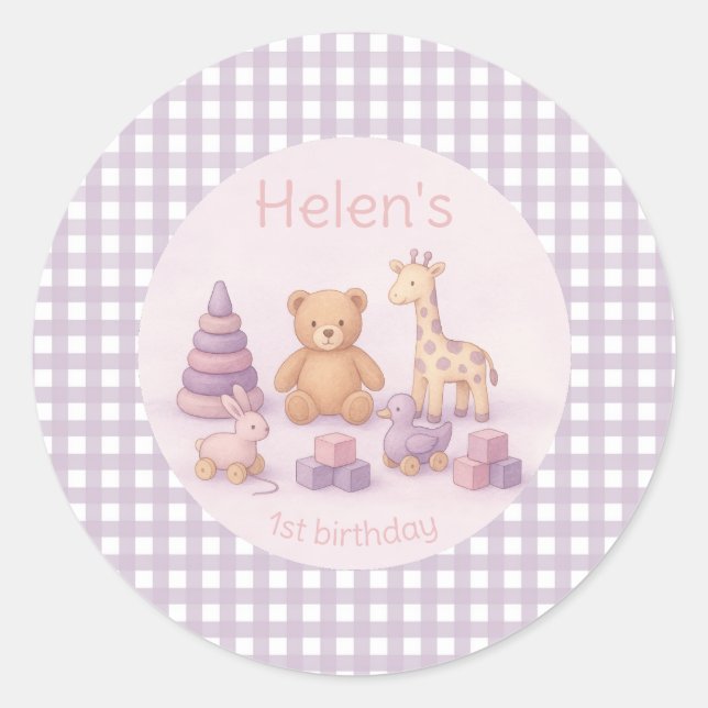 Adesivo Redondo Personalized Lavender Gingham 1st Birthday  (Frente)