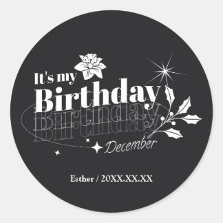 Adesivo Redondo Personalized Modern Black Floral December Birthday