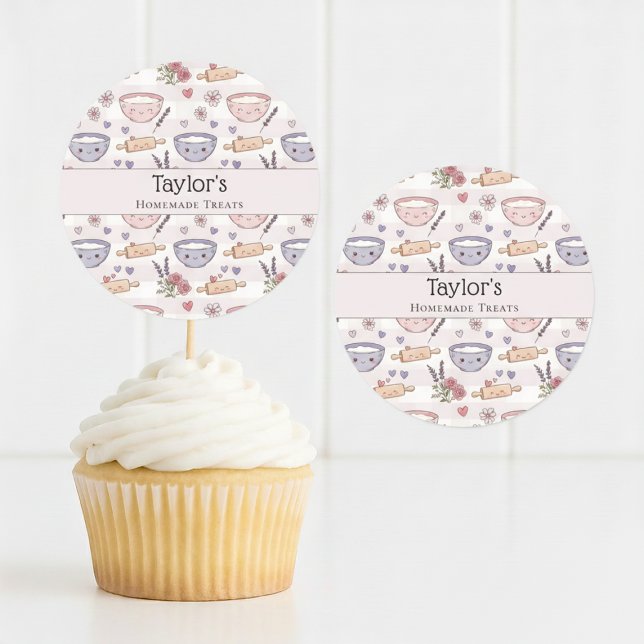 Adesivo Redondo Personalized Name Kawaii Checkered Cupcake Topper  (Criador carregado)