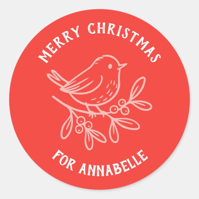 Adesivo Redondo Personalized Name Merry Christmas Robin (Frente)