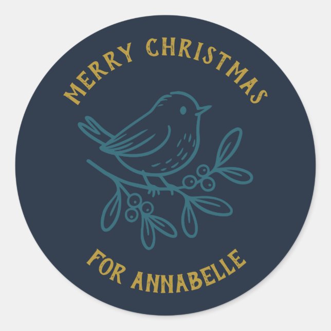 Adesivo Redondo Personalized Name Merry Christmas Robin (Frente)