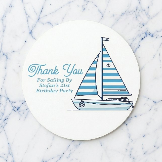 Adesivo Redondo Personalized Nautical Sailboat Cabana Stripe  (Personalized stickers for your celebration.)
