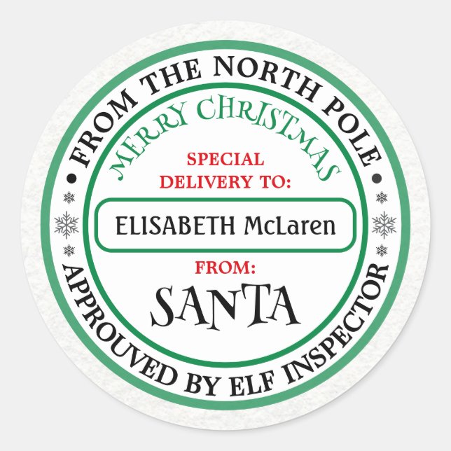 Adesivo Redondo Personalized North Pole Santa Name Sticker (Frente)