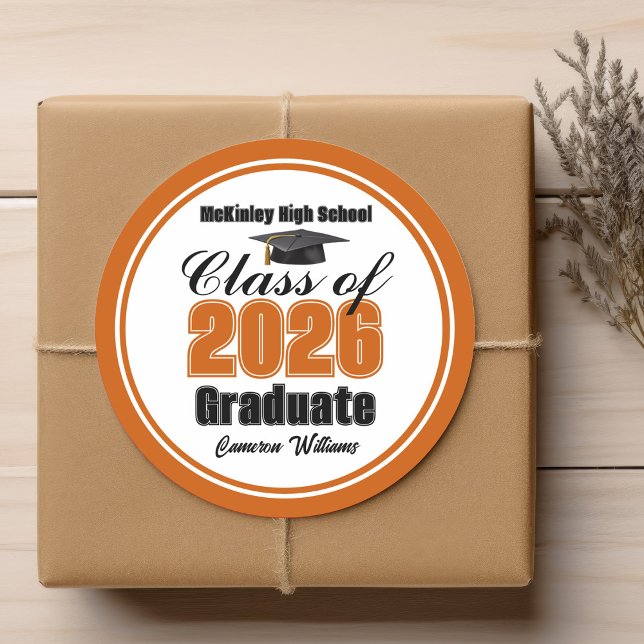 Adesivo Redondo Personalized Orange Class of 2026 Graduation Party (Criador carregado)