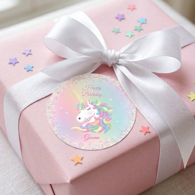Adesivo Redondo Personalized Pastel Unicorn Happy Birthday Sticker (Criador carregado)