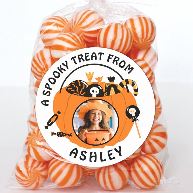 Adesivo Redondo Personalized Photo Name Halloween Candy Treat (Personalized Photo Name Kids Halloween Candy Bucket Stickers Custom Treat Labels for Classroom Party)