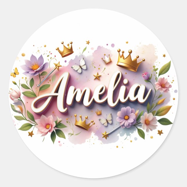 Adesivo Redondo Personalized  Princess Floral Name Stickers  (Frente)
