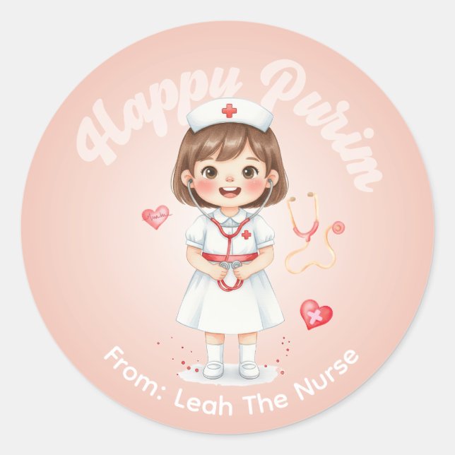 Adesivo Redondo Personalized Purim Sticker – Nurse Theme (Frente)