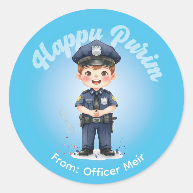 Adesivo Redondo Personalized Purim Sticker - Police Theme (Frente)