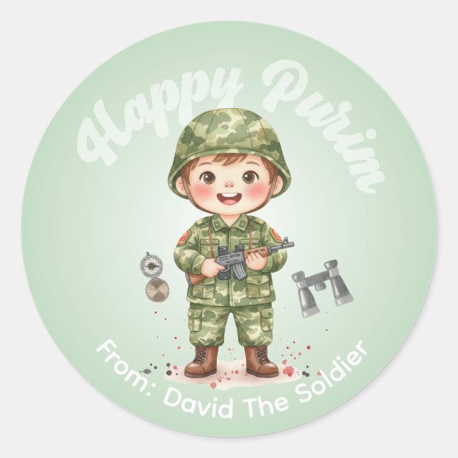 Adesivo Redondo Personalized Purim Sticker – Soldier Theme (Frente)
