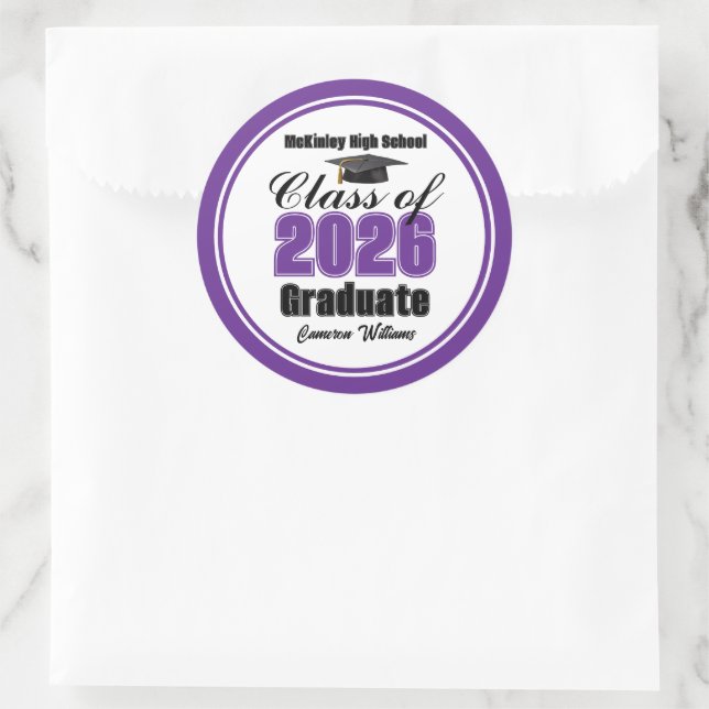 Adesivo Redondo Personalized Purple Class of 2026 Graduation Party (Bolsa)