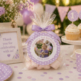 Adesivo Redondo Personalized Purple Polka Dot Photo 1st Birthday 