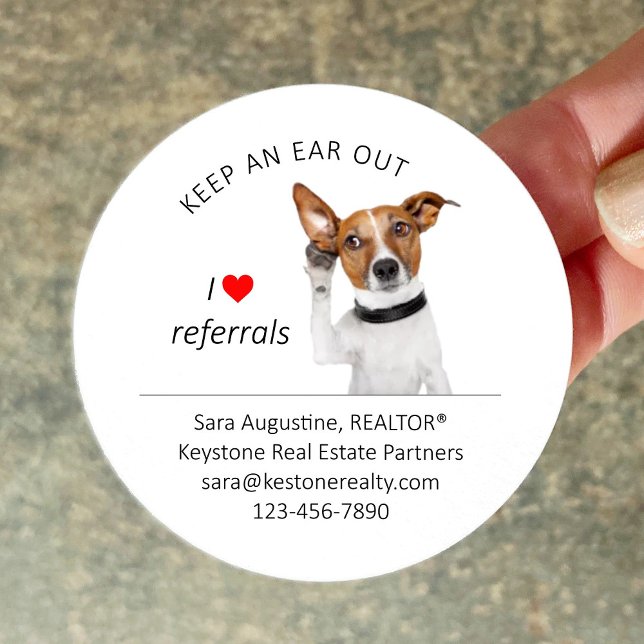 Adesivo Redondo Personalized Realtor Referral Dog, Keep an Ear Out (Criador carregado)