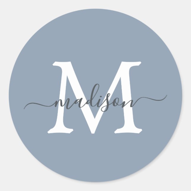 Adesivo Redondo Personalized Script Name Monogram Dusty Blue (Frente)