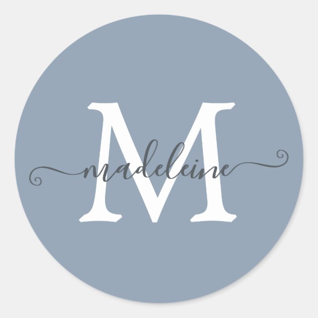 Adesivo Redondo Personalized Script Name Monogram Dusty Blue (Frente)