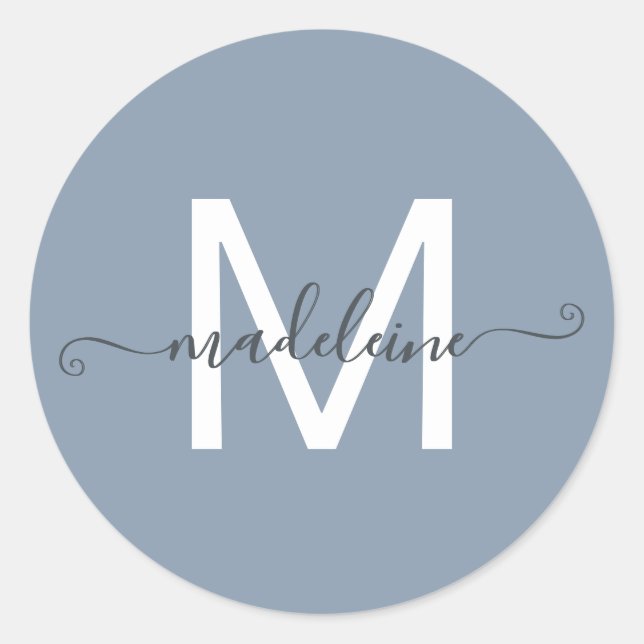 Adesivo Redondo Personalized Script Name Monogram Dusty Blue (Frente)