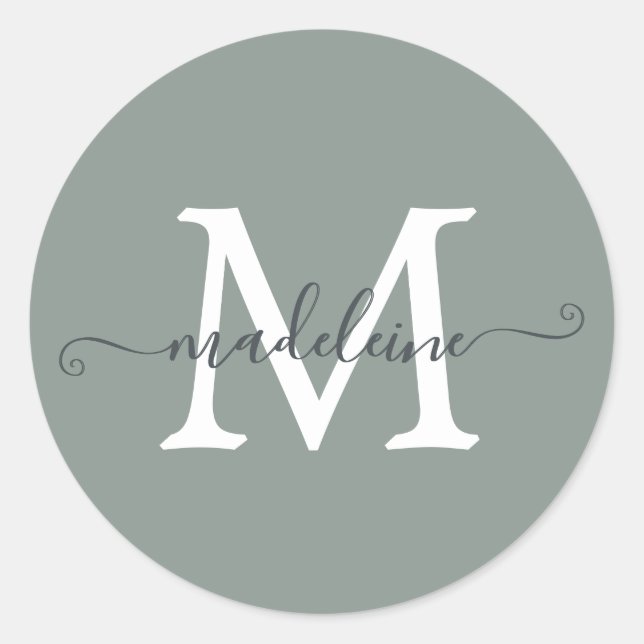 Adesivo Redondo Personalized Script Name Monogram Dusty Green (Frente)
