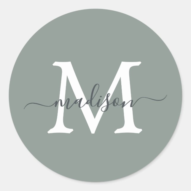 Adesivo Redondo Personalized Script Name Monogram Dusty Green (Frente)