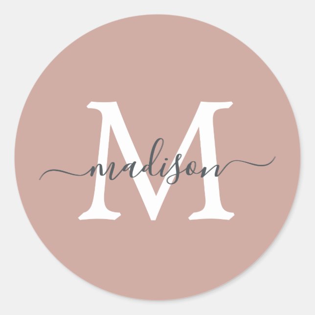 Adesivo Redondo Personalized Script Name Monogram Dusty Rose (Frente)