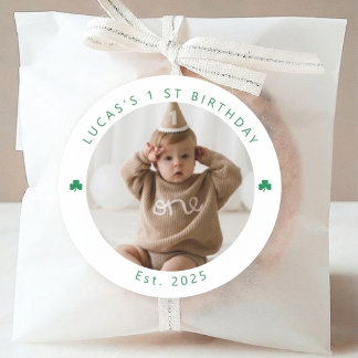 Adesivo Redondo Personalized Shamrock First Birthday Photo Sticker