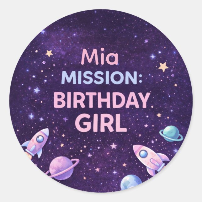 Adesivo Redondo Personalized Space Birthday Girl Party Sticker (Frente)