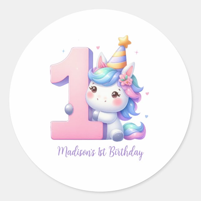 Adesivo Redondo Personalized Unicorn 1st First Girls Birthday  (Frente)